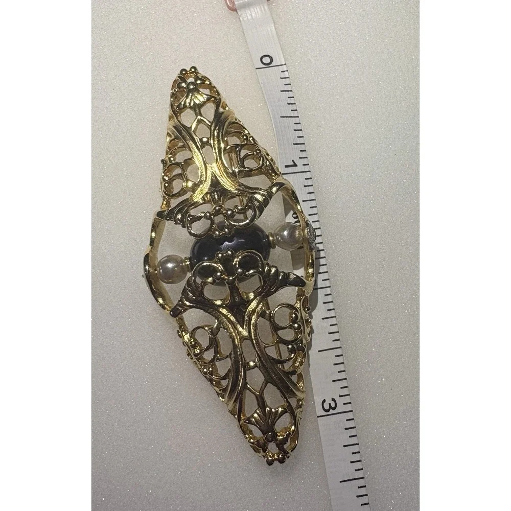 Vintage Napier 1980s Brooch Gold Filigree Faux Pearl Purple Cabochon Book Piece